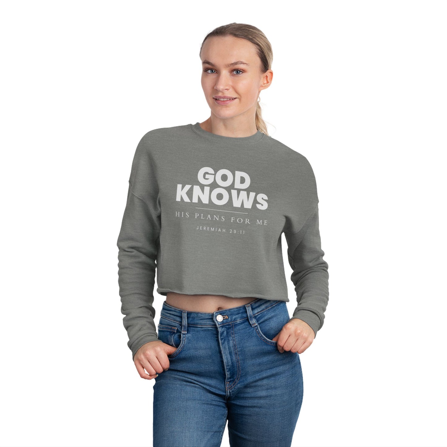 God Knows Cropped Sweatshirt - Jeremiah 29:11 Faith Graphic | Pure Print Edition