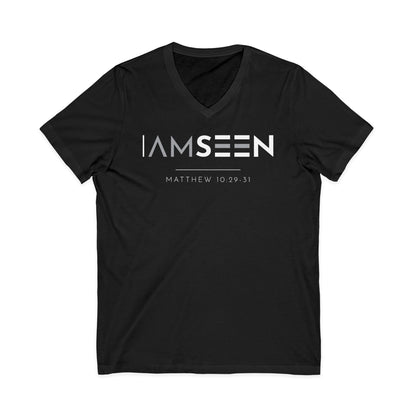 I Am Seen V-Neck Tee - Matthew 10:29-31 Faith Graphic Tee | Contrast Edition
