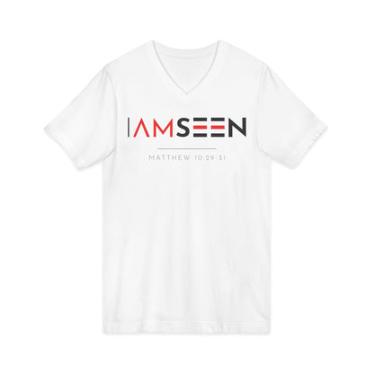 I Am Seen V-Neck Tee - Matthew 10:29-31 Faith Graphic Tee