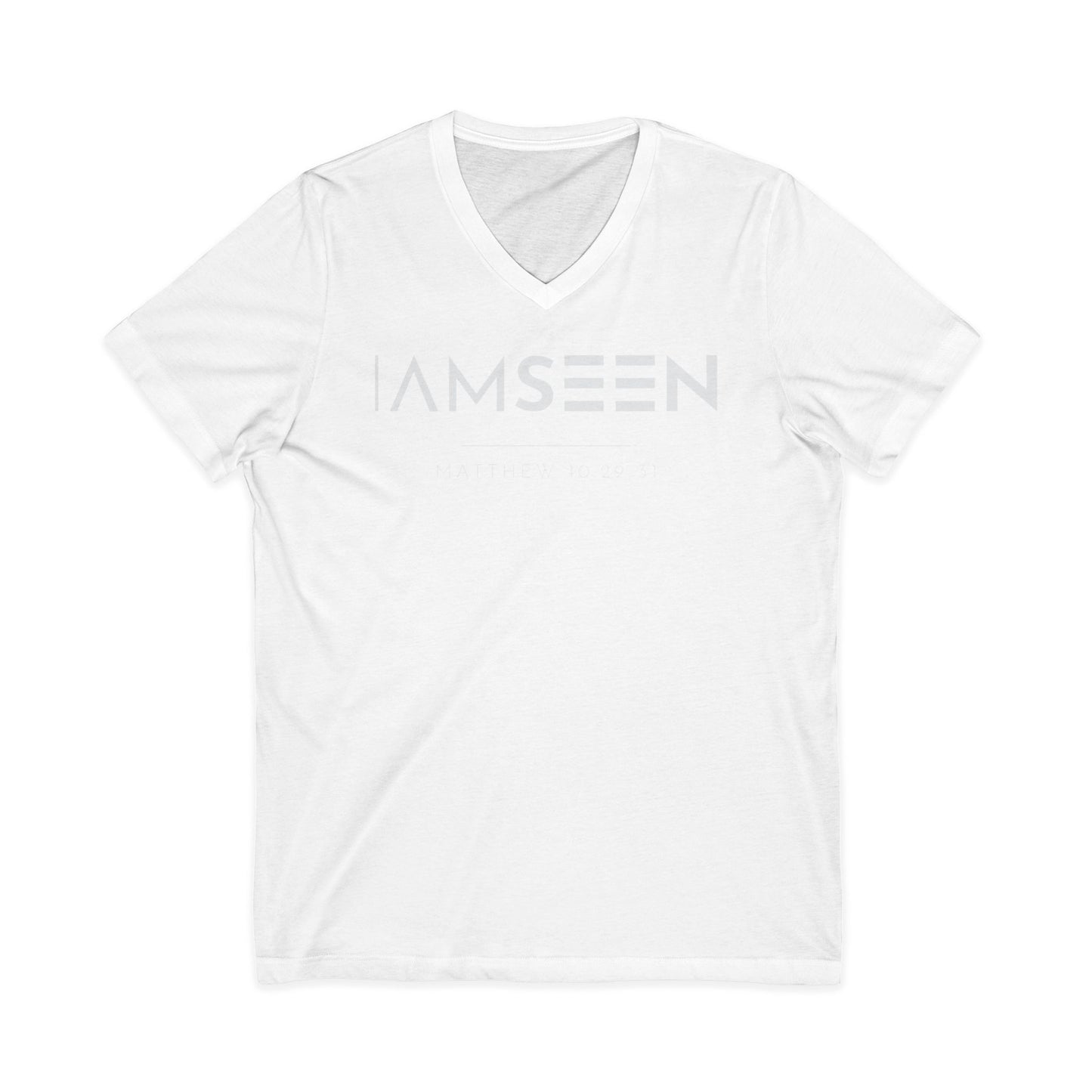 I Am Seen V-Neck Tee - Matthew 10:29-31 Faith Graphic Tee | Monochromatic Edition