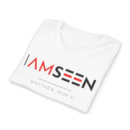 I Am Seen V-Neck Tee - Matthew 10:29-31 Faith Graphic Tee