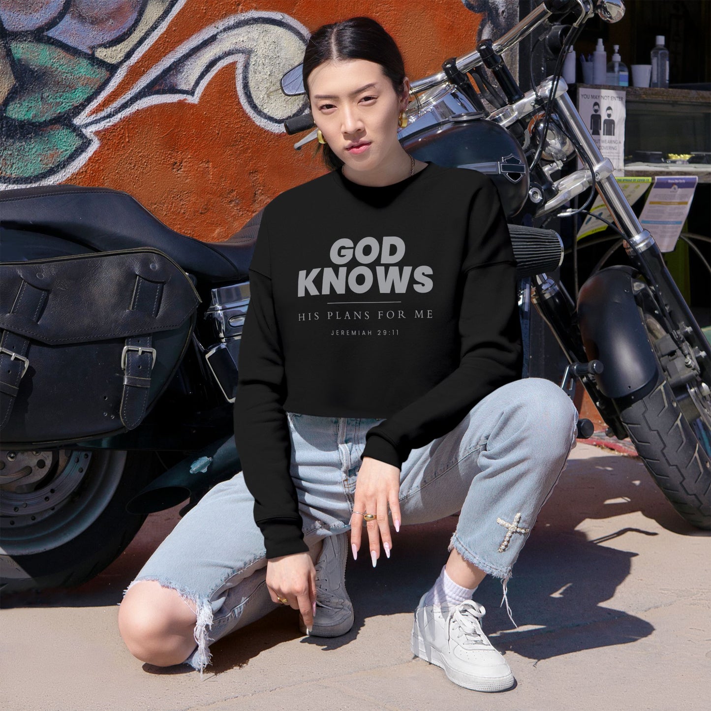 God Knows Cropped Sweatshirt - Jeremiah 29:11 Faith Graphic | Pure Print Edition