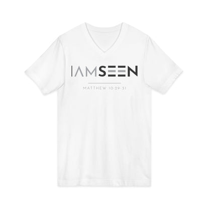 I Am Seen V-Neck Tee - Matthew 10:29-31 Faith Graphic Tee | Contrast Edition