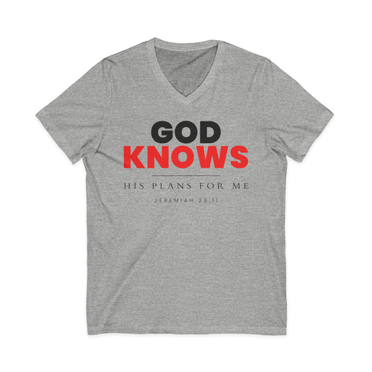 God Knows V-Neck Tee - Jeremiah 29:11 Faith Graphic Tee
