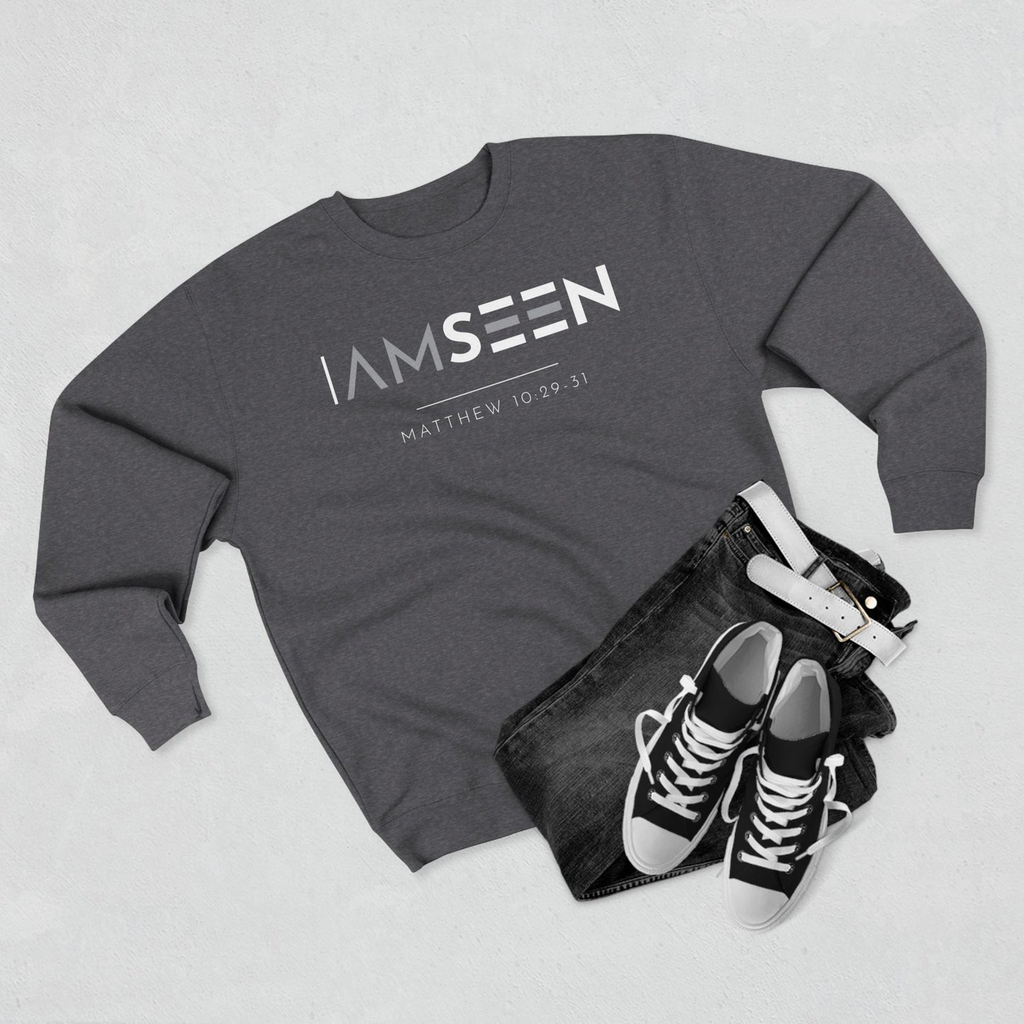 I Am Seen Crewneck Sweatshirt - Matthew 10:29-31 Christian Fleece | Contrast Edition