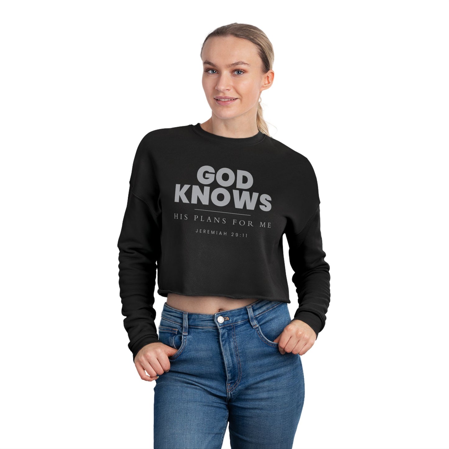 God Knows Cropped Sweatshirt - Jeremiah 29:11 Faith Graphic | Pure Print Edition