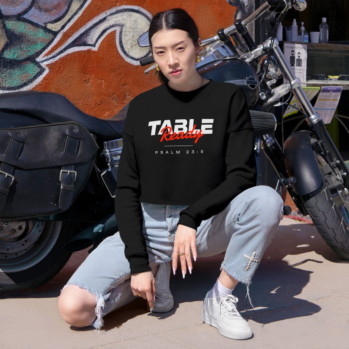 Table Ready Cropped Sweatshirt - Psalm 23:5 Faith Graphic
