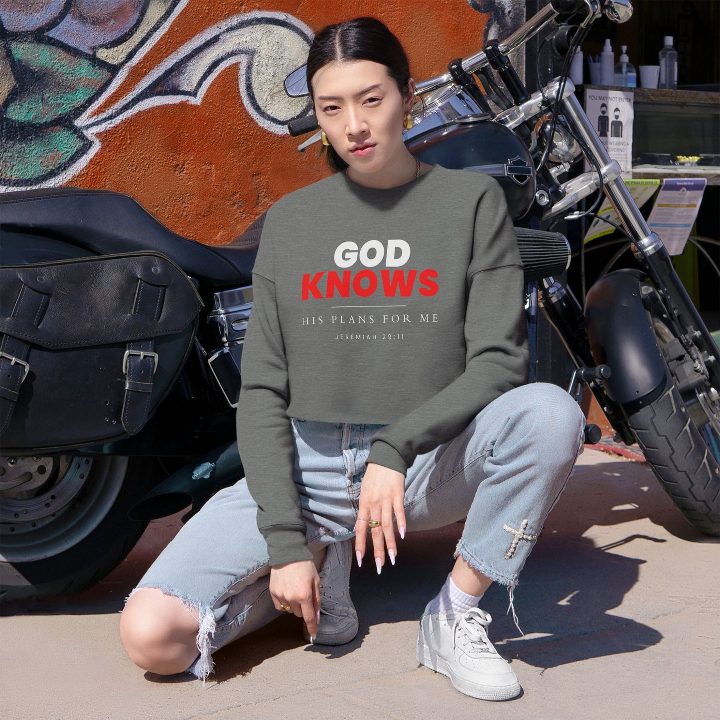 God Knows Cropped Sweatshirt - Jeremiah 29:11 Faith Graphic