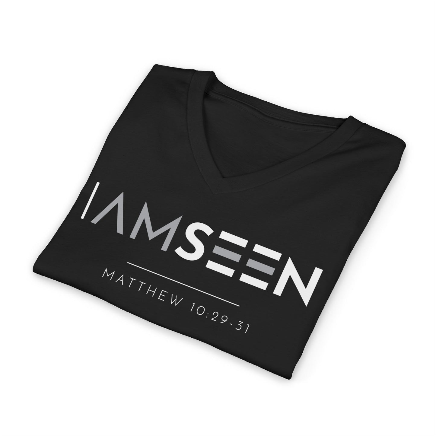 I Am Seen V-Neck Tee - Matthew 10:29-31 Faith Graphic Tee | Contrast Edition