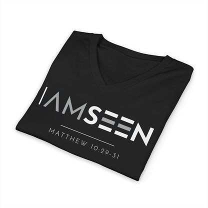 I Am Seen V-Neck Tee - Matthew 10:29-31 Faith Graphic Tee | Contrast Edition