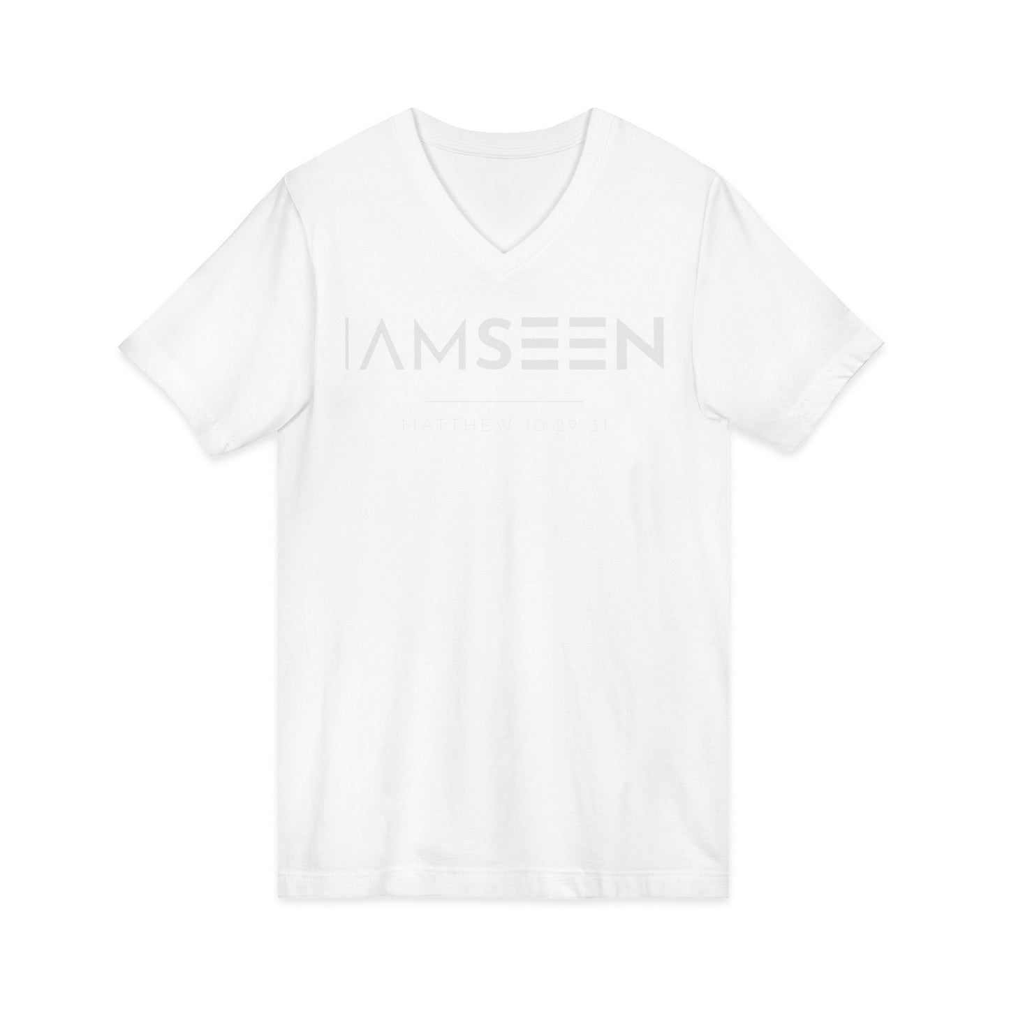 I Am Seen V-Neck Tee - Matthew 10:29-31 Faith Graphic Tee | Monochromatic Edition