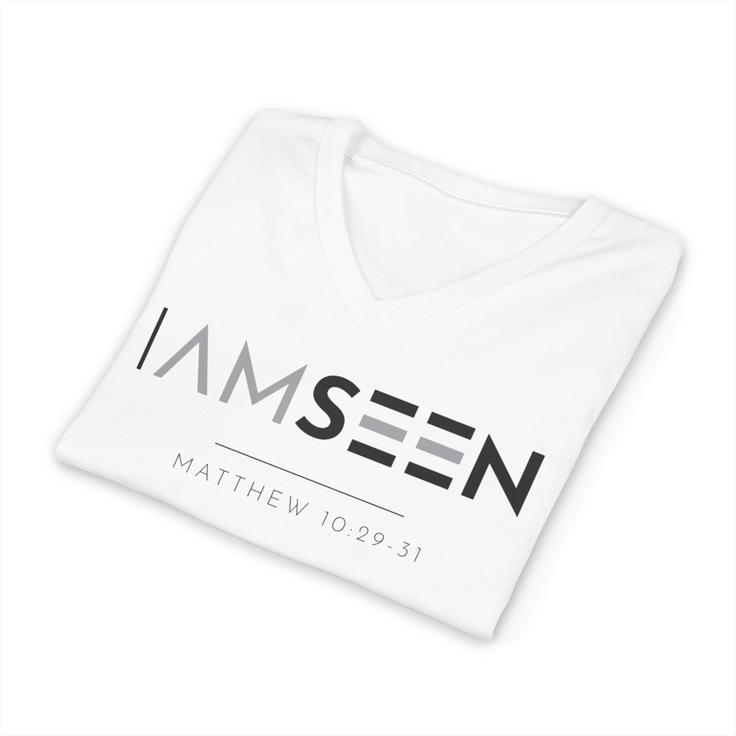 I Am Seen V-Neck Tee - Matthew 10:29-31 Faith Graphic Tee | Contrast Edition