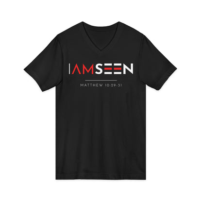 I Am Seen V-Neck Tee - Matthew 10:29-31 Faith Graphic Tee