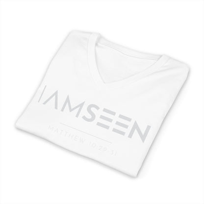 I Am Seen V-Neck Tee - Matthew 10:29-31 Faith Graphic Tee | Monochromatic Edition