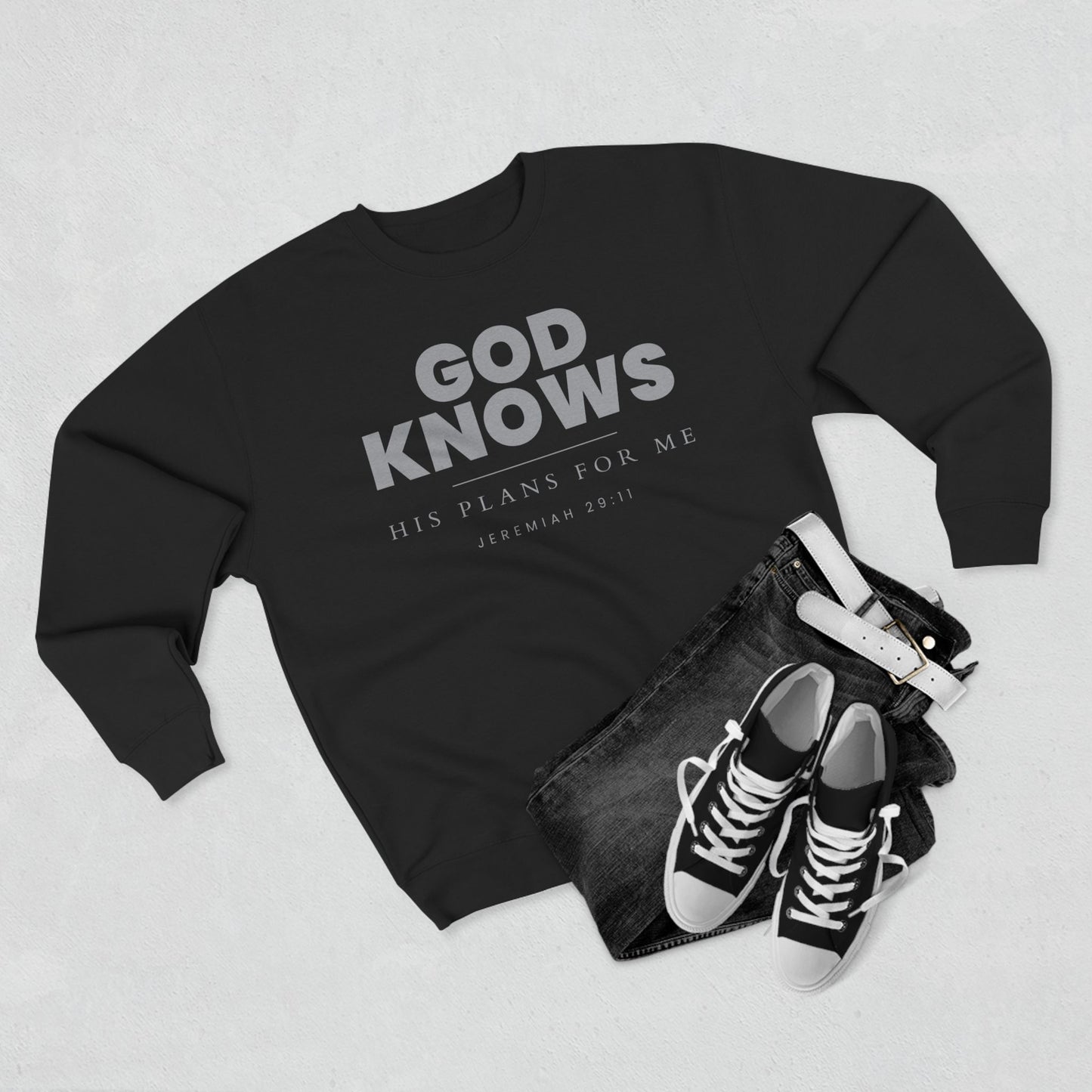 God Knows Crewneck Sweatshirt - Jeremiah 29:11 Christian Fleece | Pure Print Edition