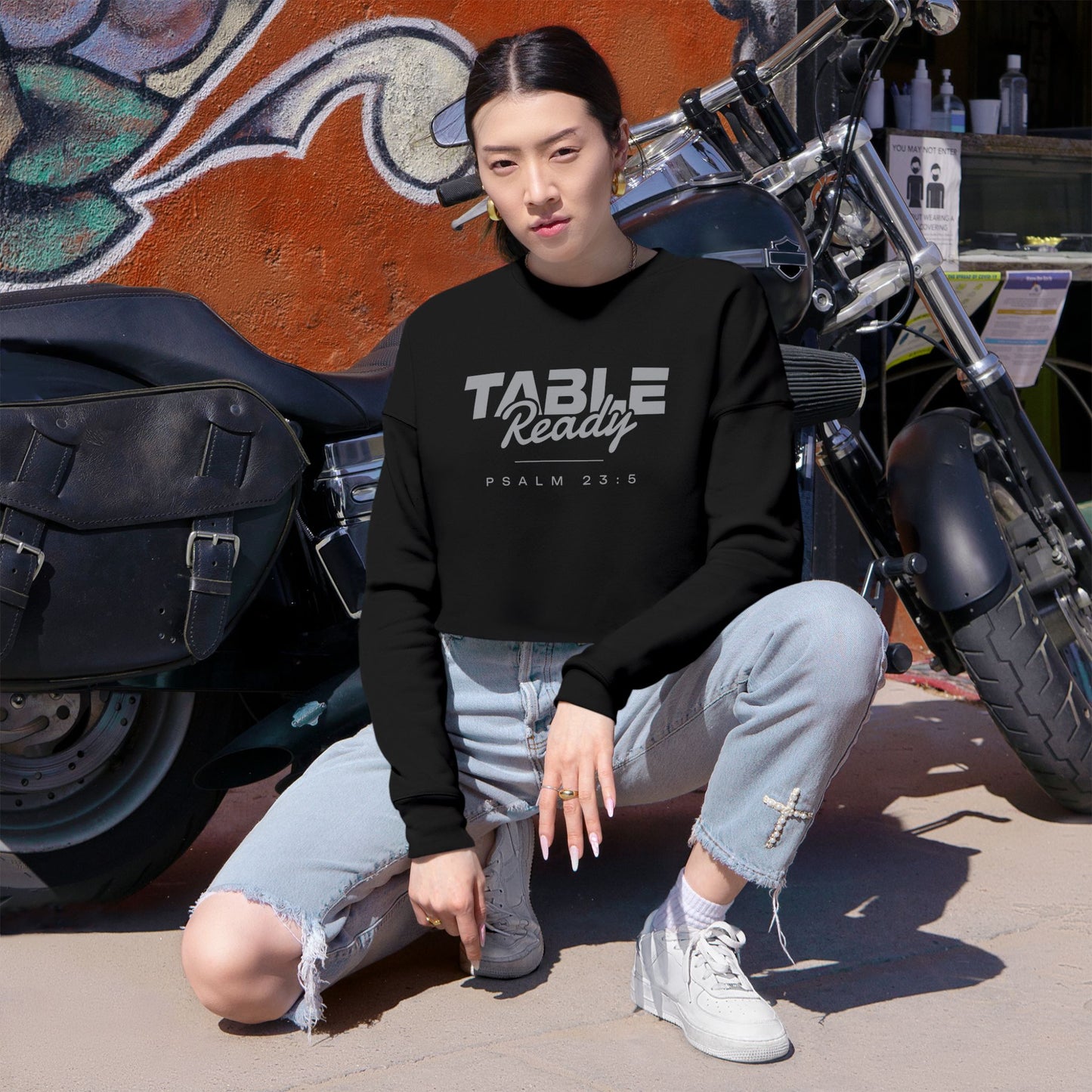 Table Ready Cropped Sweatshirt - Psalm 23:5 Faith Graphic | Pure Print Edition