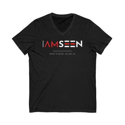 I Am Seen V-Neck Tee - Matthew 10:29-31 Faith Graphic Tee