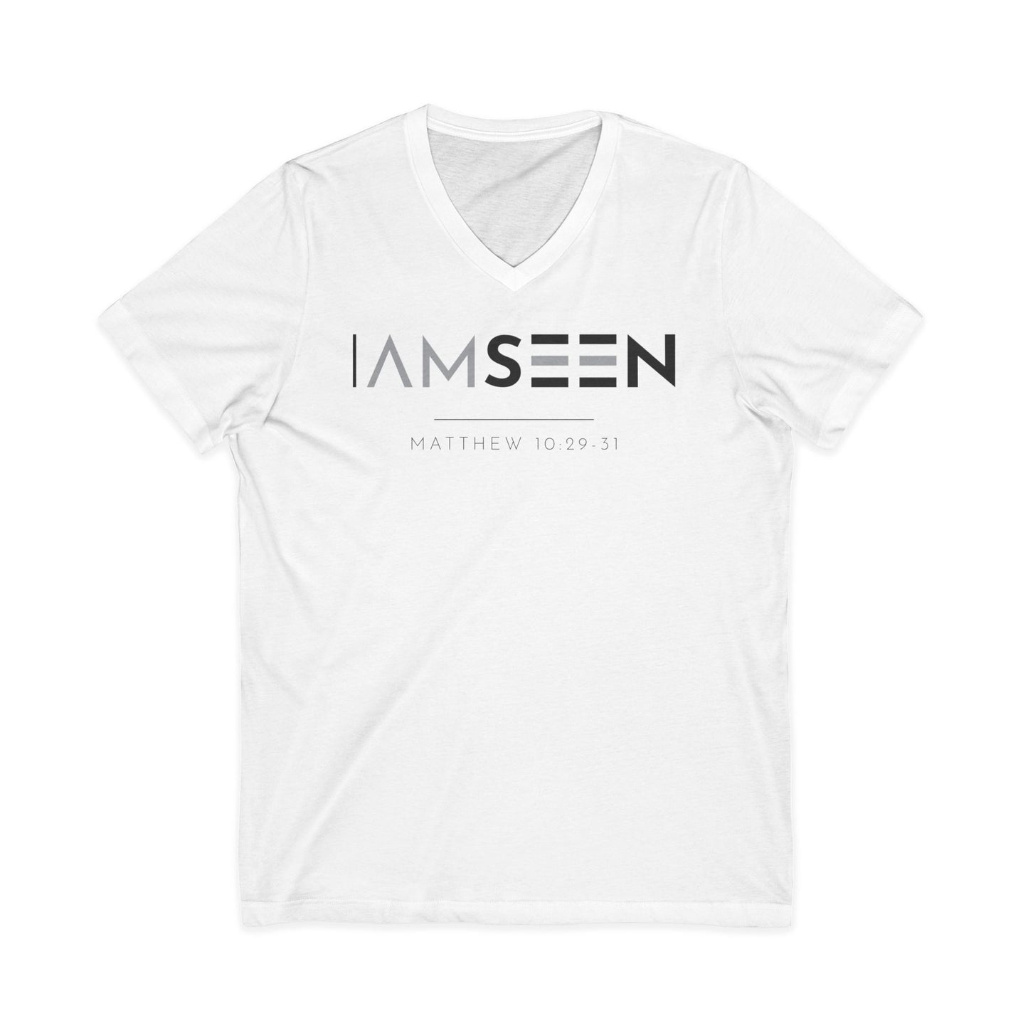 I Am Seen V-Neck Tee - Matthew 10:29-31 Faith Graphic Tee | Contrast Edition