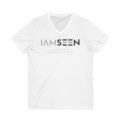 I Am Seen V-Neck Tee - Matthew 10:29-31 Faith Graphic Tee | Contrast Edition