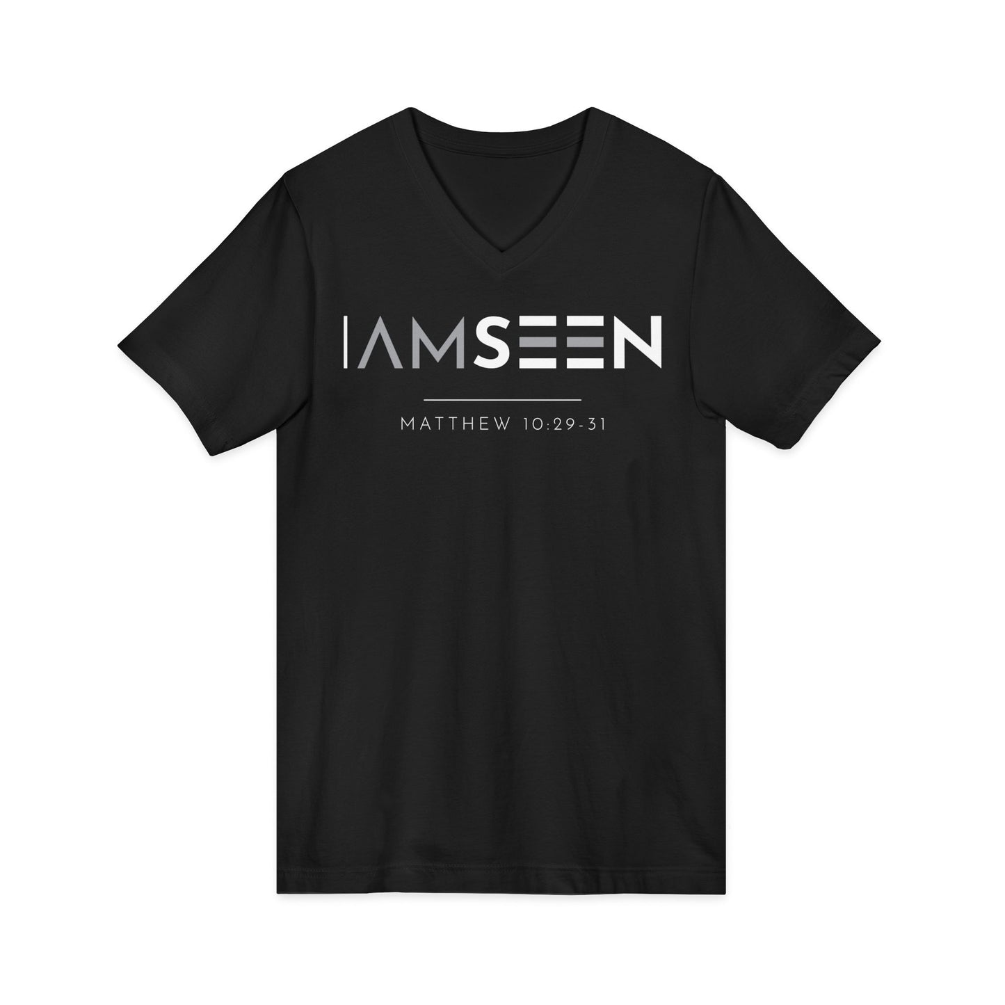 I Am Seen V-Neck Tee - Matthew 10:29-31 Faith Graphic Tee | Contrast Edition