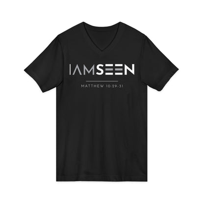 I Am Seen V-Neck Tee - Matthew 10:29-31 Faith Graphic Tee | Contrast Edition