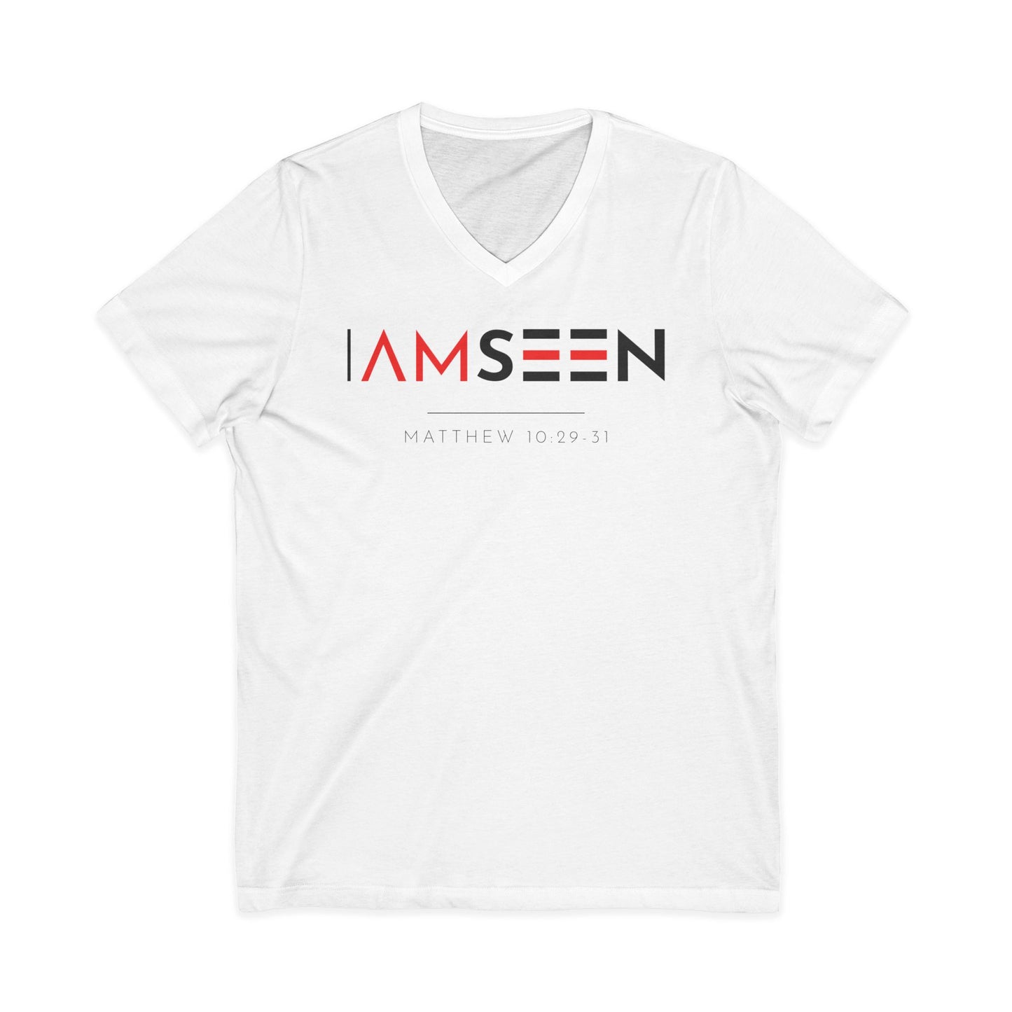I Am Seen V-Neck Tee - Matthew 10:29-31 Faith Graphic Tee
