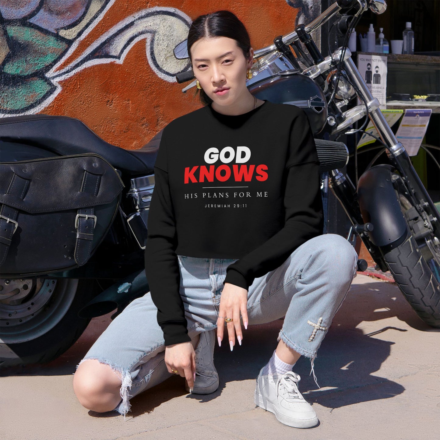 God Knows Cropped Sweatshirt - Jeremiah 29:11 Faith Graphic