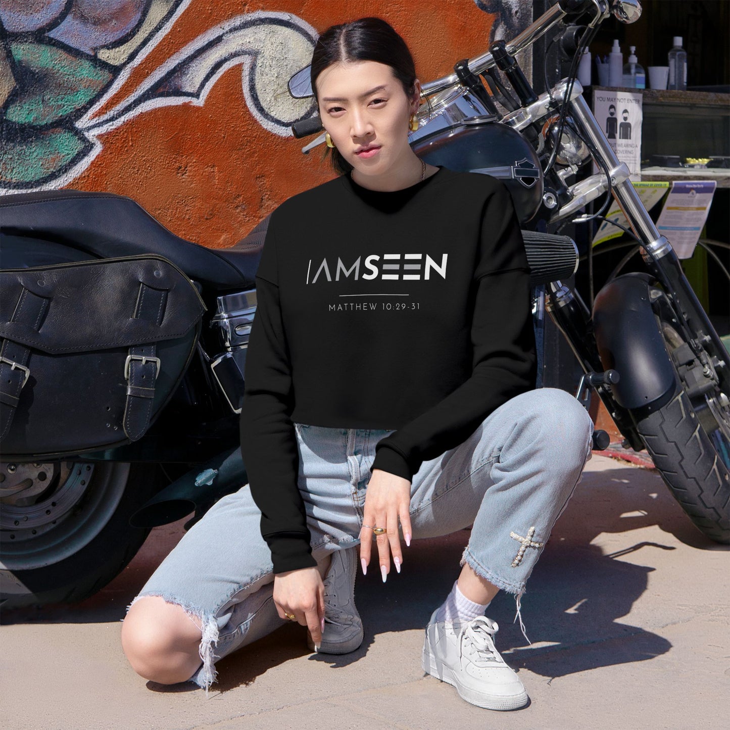 I Am Seen Cropped Sweatshirt - Matthew 10:29-31 Faith Graphic | Contrast Edition