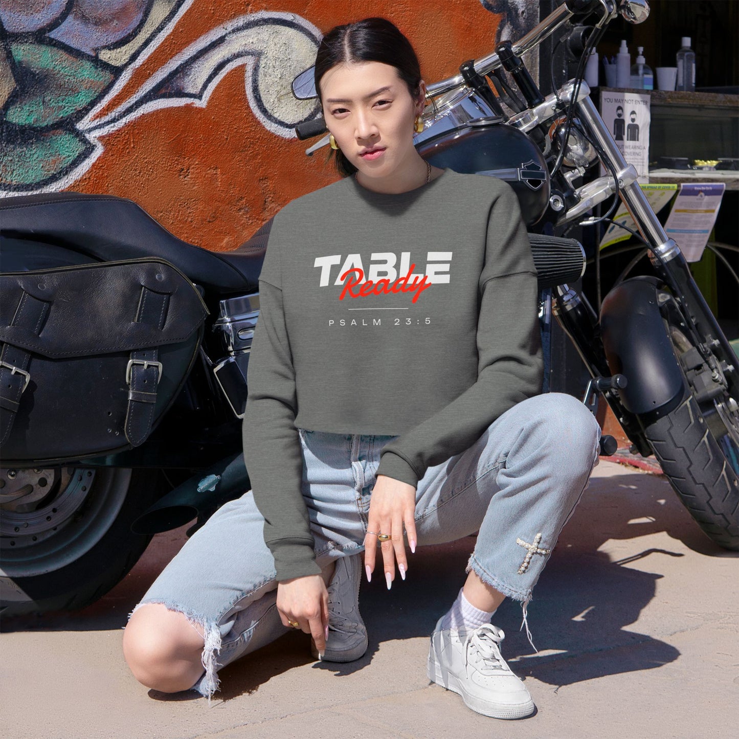 Table Ready Cropped Sweatshirt - Psalm 23:5 Faith Graphic